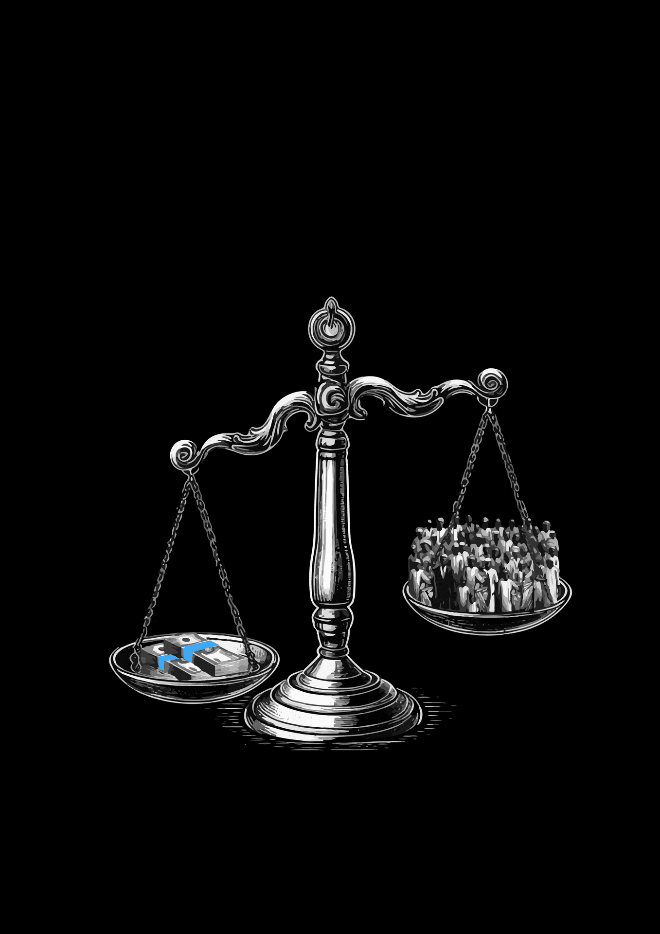 Illustration of scales balancing currency and a crowd of people on opposite sides.