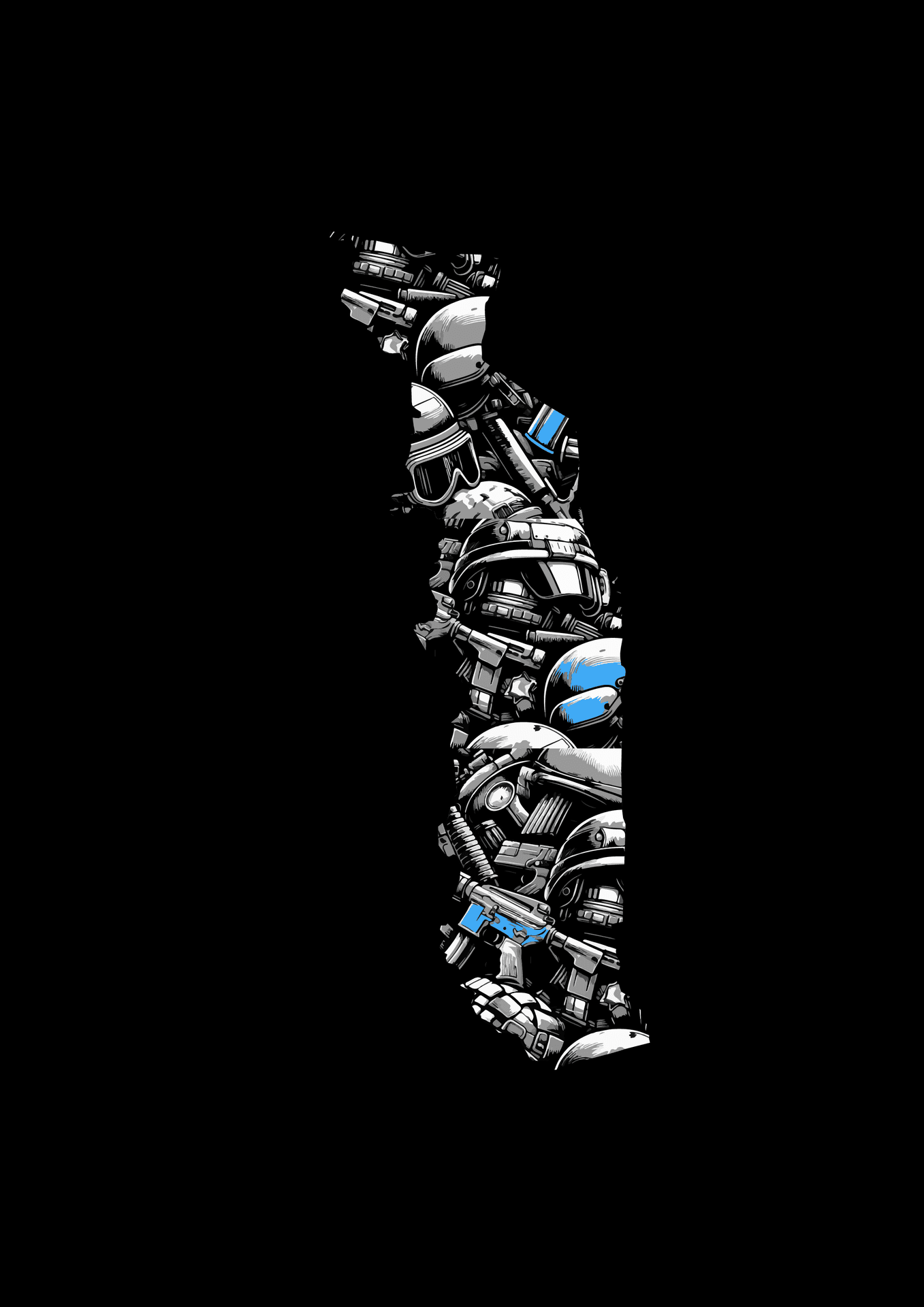 Illustration of soldiers in tactical gear forming a map shape against a black background.