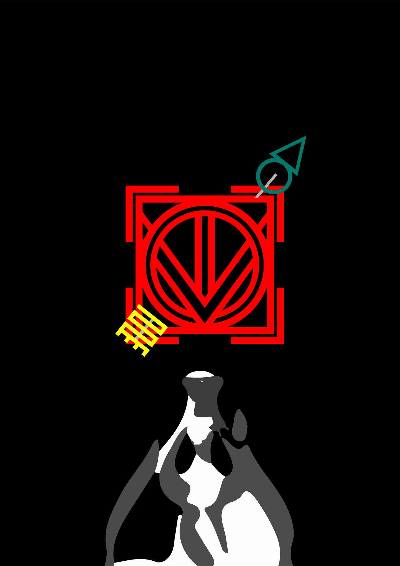 Stylized penguin below red geometric symbol with yellow and teal elements on black background.